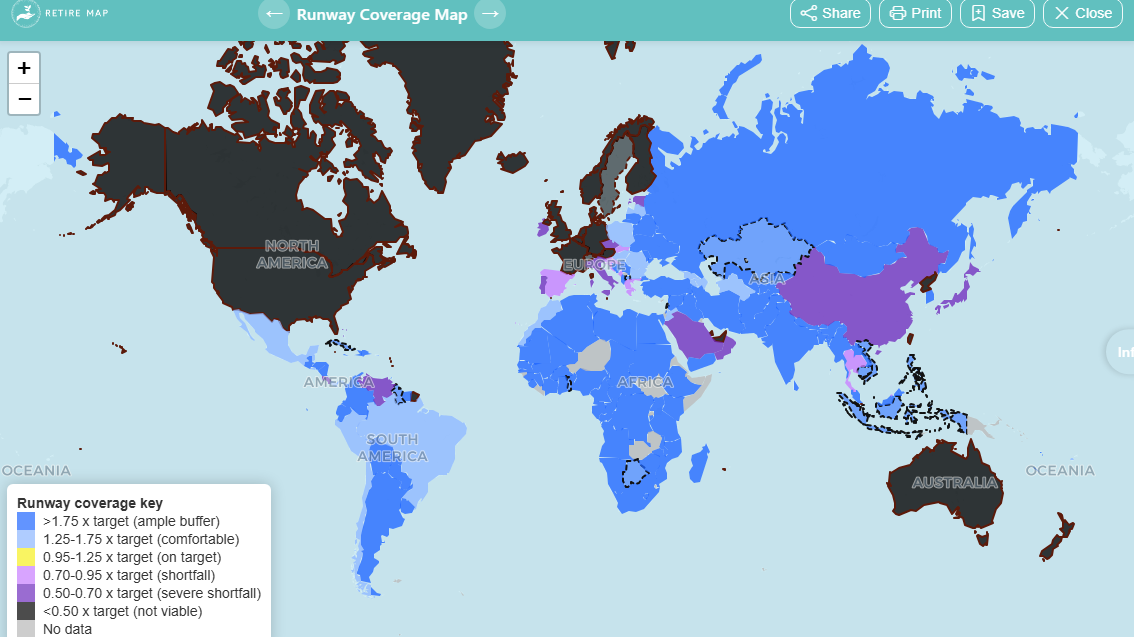 Advanced retirement calculator heatmap and country results