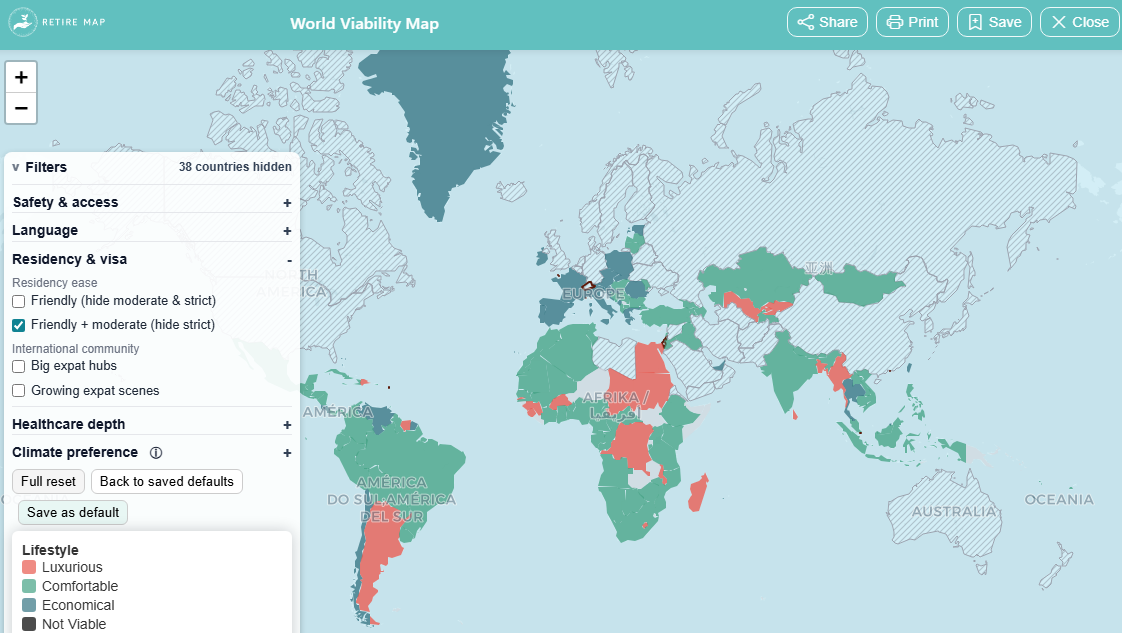 Country filters for building a retirement destination shortlist
